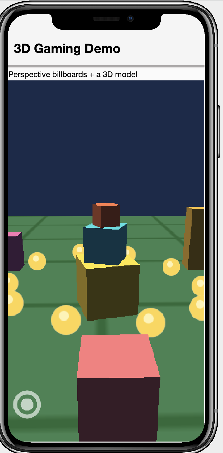 The 3D sample: a textured grid ground, stacked cube models, ringed buildings and billboarded coins